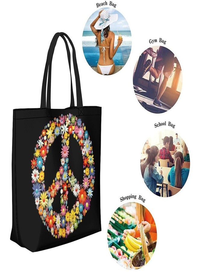 Muishi Hippie Flowers Daisies Peace Sign Canvas Tote Bag Large Women Casual Shoulder Bag Handbag Reusable Beach Shopping Grocery Bag For Outdoors - Image 4